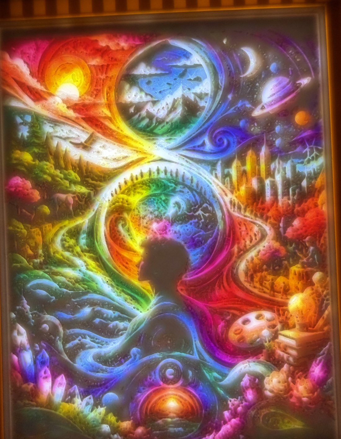 Backlit full-color lithophane of a figure in a cosmic rainbow landscape
