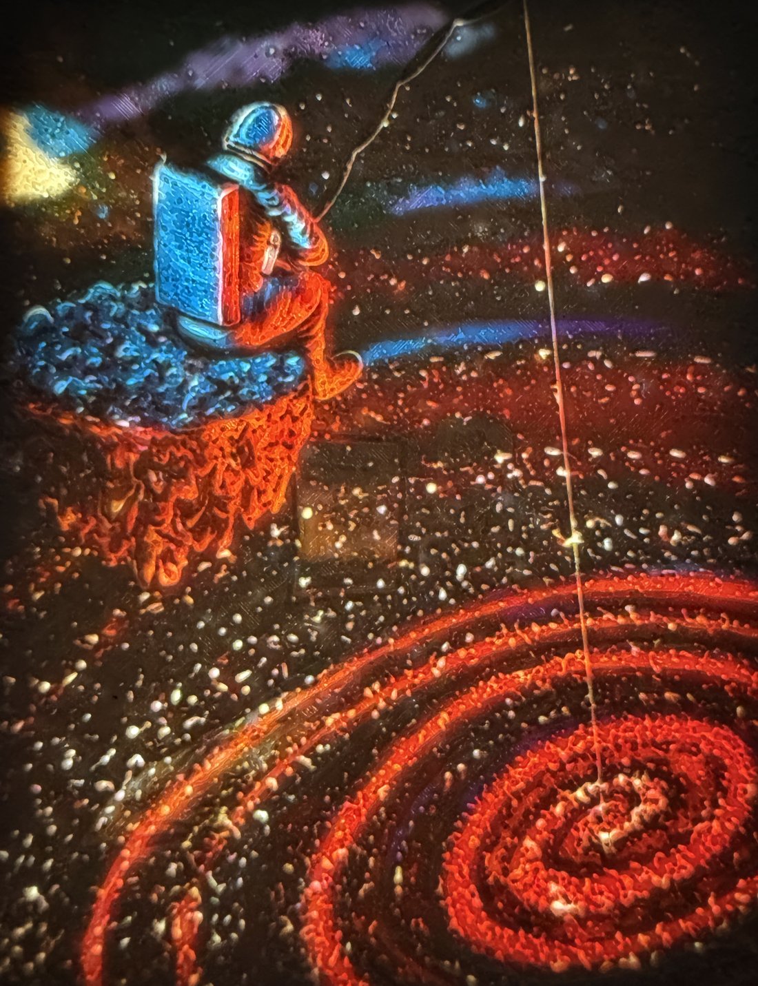 Backlit lithophane of an astronaut on a cliff fishing a line into a glowing red spiral galaxy