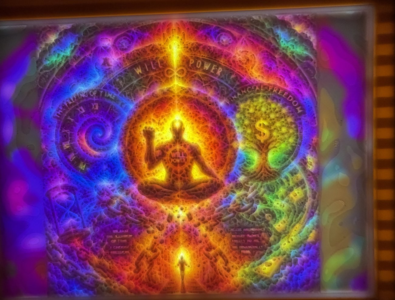 Glowing backlit lithophane with a meditation figure, willpower and financial-freedom motifs